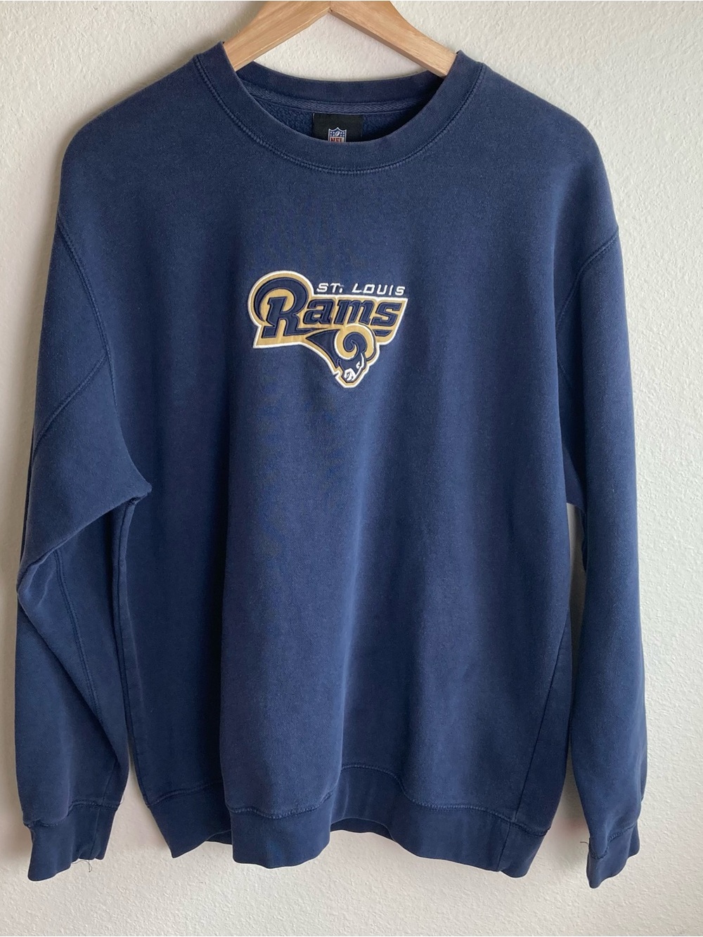 NFL Rams Sweatshirt Men’s Large Los Angeles St Louis Rams Crewneck Blue FLAW